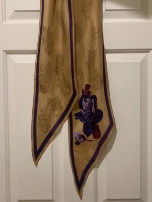 Bufanda larga vintage Albert Nipon 100 % seda beige tostado púrpura floral R3-O6 Foto 1 de 4