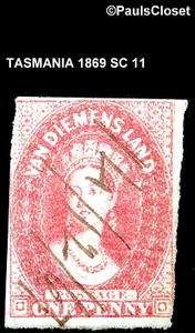 TASMANIA 1867 SC 11 QUEEN VICTORIA 1p CARMINE USED NO GUM IMPF FINE - Picture 1 of 2