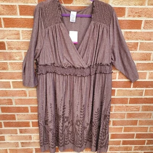 Just My Size Shaped Fit Midi Dress Women's Size 4x Brown Floral 3/4 Sleeve NWT - Picture 1 of 8