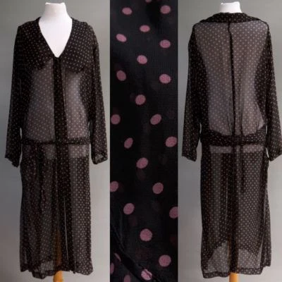 Holly Sharp Black Sheer Chiffon Lagen Look Duster Coat Jacket Pink Polka Dot 8 M - Image 1 of 4