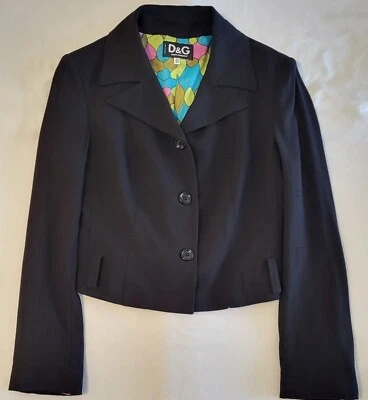Women's Dolce&Gabbana Black Cropped Blazer 100% Wool Size 30 D&G Colorful Lining - Image 1 of 4