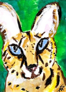 Print Of Cat Painting Aceo Savannah Kitten Miniature Folk Art Samantha McLean  - Picture 1 of 1
