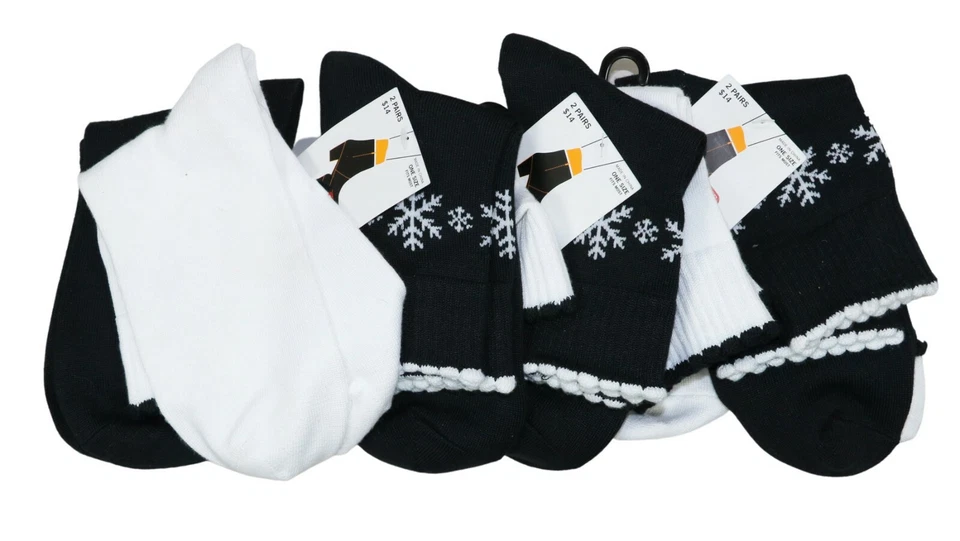 Paquete de 8 pares de calcetines para mujer HUE con estampado de copo de nieve OSFM NUEVOS CON ETIQUETAS blancos/negros Foto 1 de 1