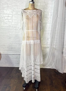 Antique White Net Edwardian Wedding Dress - Picture 1 of 19