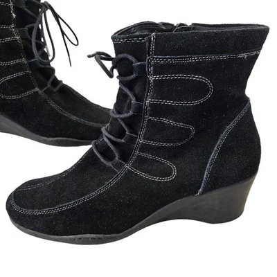 Botín de cuero gamuza negro aerosoles para mujer talla 11 cremallera + suela de cuña de goma con cordones Foto 1 de 4