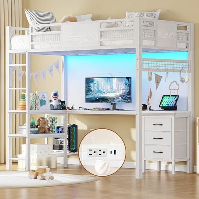 Loft Bed Twin Size with L-Shaped Desk, 3 Storage Drawers, 2-Tier Storage Shel... - Image 1 of 4