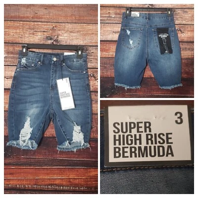 Почти знаменитый джинсовой ткани Jean шорты размер 3 супер высокий подъем Бермуды искусственно состаренный синий - Изображение 1 из 4