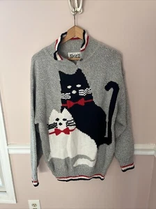 Vintage 80s 90s Cat Sweater Cute Oversized M Grandma Black White Silver Sparkle - Picture 1 of 5