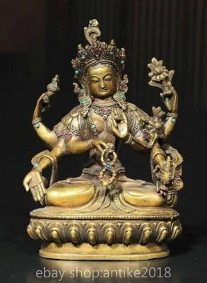 8.8" Old Tibet Copper Gild inlay Turquoise Buddhism Sit 6 arm Buddha sculpture - Image 1 of 4