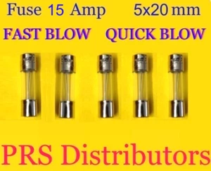 Fusibile 15A 250V 5X20mm FAST BLOW QUICK BLOW fusibile vetro 15 Amp 5 pezzi VENDITORE USA - Foto 1 di 3