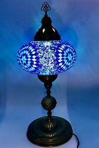 Turkish Handmade Blue Color Boho Style Large Size Mosaic Table Stand Metal Lamp