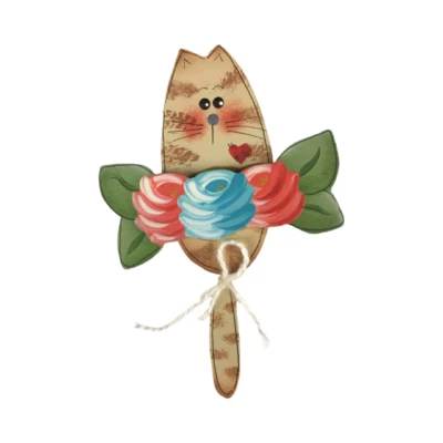 Brooch Cat Roses Pin Dangling Tail Wooden Hand Painted Locking Bar Pin Back VTG - Image 1 of 4