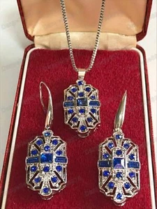 Conjunto de aretes colgantes estilo vintage de cristal de zafiro geométrico inspirados en el Art Deco - Imagen 1 de 17