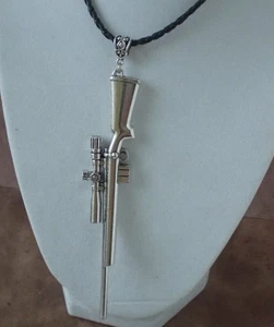 Gun Large Silver 3D Rifle with Scope Pendant and Leather Statement Necklace - Picture 1 of 11