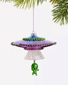 UFO~WELTRAUM~FREMDES SCHIFF~FLIEGENDE UNTERTASSE ORNAMENT~GEBLASENES GLAS~WEIHNACHTEN~NEU MIT ETIKETT - Bild 1 von 4