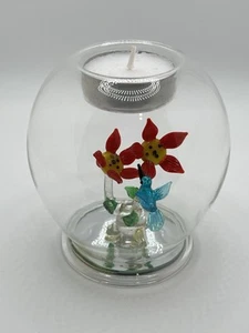 Unique Clear Glass Tea Light Holder Micro Landscape Art Glass Flower Hummingbird - Picture 1 of 13