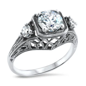ART DECO STYLE 3 STONE CUBIC ZIRCONIA 925 STERLING SILVER FILIGREE RING 1168X - Picture 1 of 27