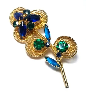 D&E blau grün Strass Blume Brosche hinten offen Navetten Vintage groß 3" - Bild 1 von 6