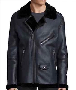$1475 S BLK DNM MEN BLACK SHEARLING FUR LEATHER BIKER BOMBER FLIGHT B-3 JACKET - Picture 1 of 12