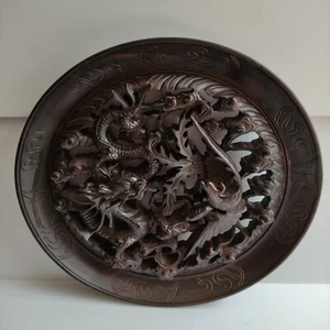 Chinese Vintage Boxwood Carved dragon phoenix Statue Screen Wooden Wall Decor - Picture 1 of 14