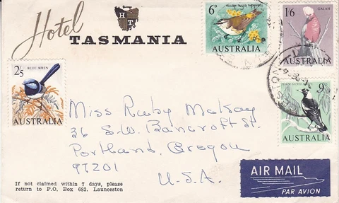 1964 Australia #367-9,#371 on Hotel Tasmania cover, Launceston to US; birds *d Cover