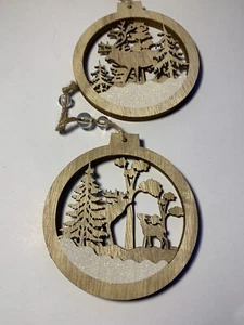 Vintage Kaufland Wooden Christmas Round 3D Ornaments Deer Amongst Evergreens - Picture 1 of 12