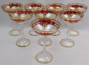 Set Of 8 Moser Crystal 6.25" Champagne Coupes Glasses HP Red Accents Gold Trim - Picture 1 of 21