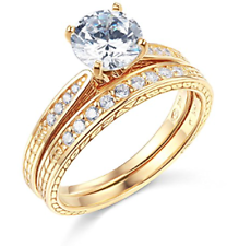 Conjunto de anillo de compromiso de boda de oro amarillo 14K de corte redondo real de 2,00 quilates banda a juego