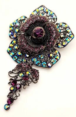 P001 Púrpura y Púrpura Ab Grande Rosa Flor Estrás Joyería Colgante/Broche Fiesta Foto 1 de 4