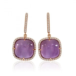 14K Rose Gold 12mm Cabochon Cushion Amethyst and Diamond Fashion Drop Earrings - Picture 1 of 1