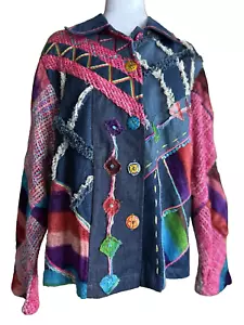 Carrie Allen MEDIUM Hippie Boho VTG. Multicolored Denim Embellished Jacket Retro - Picture 1 of 12