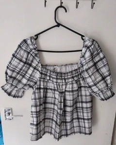 George Off the Shoulder Crop Top Size 12 Womens Black-White Checked Puff Sleeves - Picture 1 of 7
