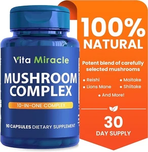 MUSHROOM SUPPLEMENT, 10X MUSHROOM COMPLEX WITH LIONS MANE CORDYCEDS SHIITAKE - Picture 1 of 8