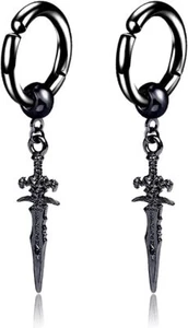 Non-Piercing Clip On Black Punk Sword Dangle Drop Small Hoop Earrings for Men Wo - Picture 1 of 5