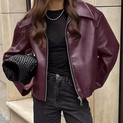 Genuine Lambskin Leather Bomber Jacket Womens Wine Red Oversized Vintage S-5XL - Image 1 of 4