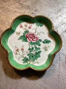 Floral Emaille Metall Schmuck Tablett Schale grün 5" - Bild 1 von 4
