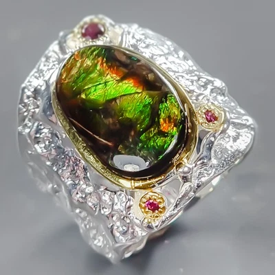 Handmade 10 ct+ Natural Ammolite Ring 925 Sterling Silver Size 8.5 /R441041 - Image 1 of 4