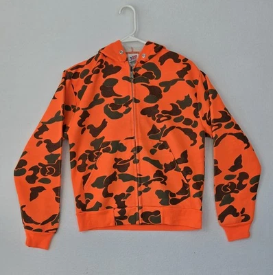 VTG Sno King Jacket Mens Sz Med Blaze Orange Camo Full Zip Hoodie Sweatshirt   - Image 1 of 4