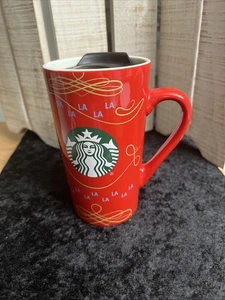 (#812). Starbucks 2020 Ceramic Travel Cup Mug 14oz Christmas Lid FA LA LA LA LA - Picture 1 of 9