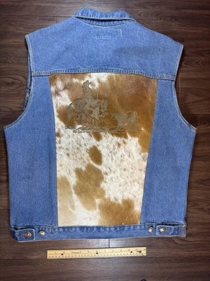 Vintage Denim Vest With Western Faux  Cattle Hide Back Patch - Size Large - Image 1 of 4