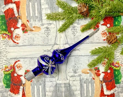 Blue Glass Christmas Tree Topper – Handmade Ornament – Glitter Silver Design - Image 1 of 4