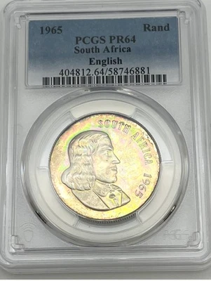 1965 South Africa 1 Rand PCGS PR64 Rainbow Toned Toning Proof Silver .800 - Image 1 of 2