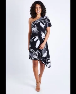 Moonlight Bird Dress Size 12 Flora Feathers BNWT One Shoulder Asymmetrical Black - Picture 1 of 7