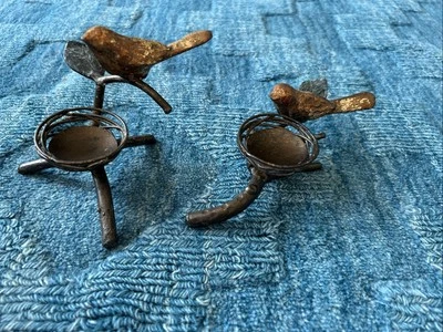 Vintage Ninho de Pássaro Bronze Flores de Pássaro Luz de Chá Suporte de Vela Conjunto de 2 MCM - Imagem 1 de 4