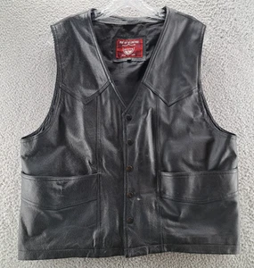 Interstate Leather Vest Mens Large Black Eagle USA Flag Lined Pockets Stains - Picture 1 of 13