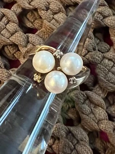 Vintage 10k Yellow Gold Cultured Pearl Diamond Ring Size 6.5 - Picture 1 of 11