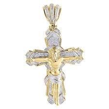 Diamond Crucifix Pendant 10K Yellow Gold Round Cut Pave Cross Charm 1.15 Tcw.