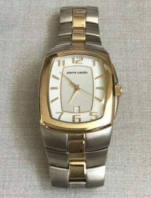 PIERRE CARDIN Men's Rectangle Watch White Date Dial Two Tone Linked Band New! - Image 1 of 2