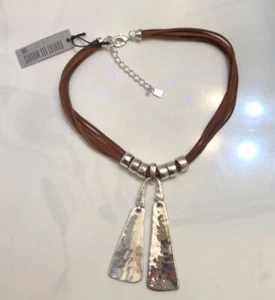 Robert Lee Morris Soho Brown Suede Silver Tone Double Paddle Pendant Necklace - Picture 1 of 16