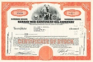 STOCK CERTIFICATE 1956 / 6 shares SUNRAY MID CONTINENT OIL CO ORANGE 9/20/56 - Picture 1 of 2